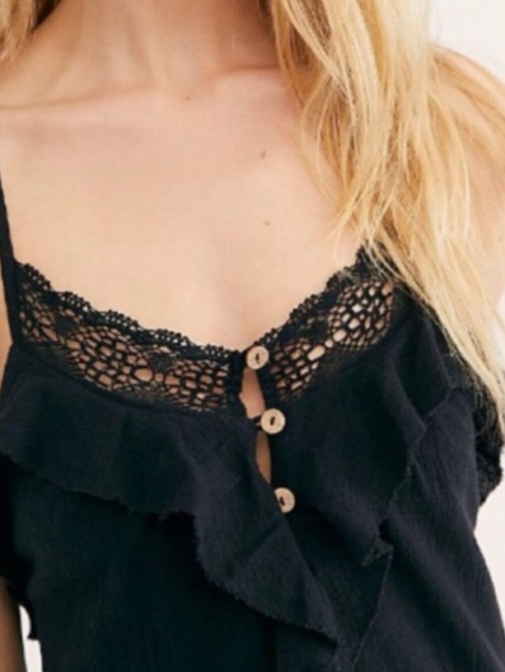 FREE PEOPLE Frill Seeker Black Lace-Trim Detail Ruffle Drop Waist Dress L - Picture 3 of 11